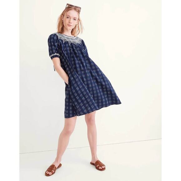 Madewell Women’s Medium Embroidered Puff-Sleeve Babydoll Dress in Indigo Plaid - Picture 1 of 7